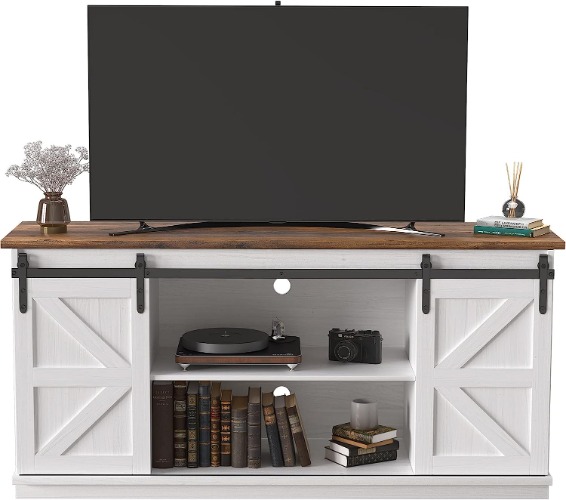 JUMMICO Farmhouse TV Stand up to 65 Inches, Mid Century Modern Entertainment Center with Sliding Barn Doors and Storage Cabinets, Metal Media TV Console Table for Living Room Bedroom (Bright White) - 58 Inch Barn Door TV Stand Bright White