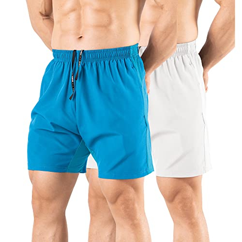 Gaglg Men's 5" Running Shorts 2 Pack Quick Dry Athletic Workout Gym Shorts with Zipper Pockets - XX-Large - Light Blue/White