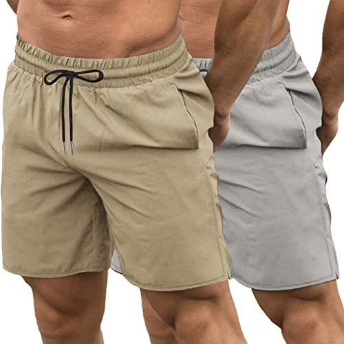 COOFANDY Men's 2 Pack Gym Workout Shorts Quick Dry Bodybuilding Weightlifting Pants Training Running Jogger with Pockets - Light Khaki/Light Grey - XX-Large