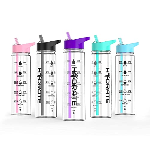 HYDRATE Motivational premium 900ml Straw Water Bottle – Daily water intake with Time Markings as reminder, BPA-Free. Leak proof Ideal for hydration at office, gym. (Purple) - Purple