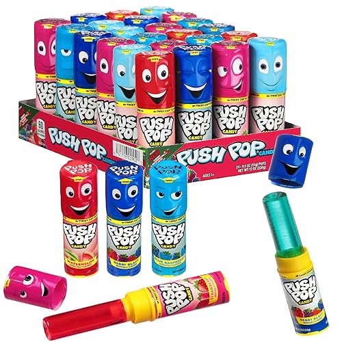 Push Pop Holiday Candy Lollipops - 24 Ct Candy Variety Pack in Assorted Fruity Flavors - Individually Wrapped Hard Candy For Party Favors, Stocking Stuffers, Holiday Gifts for Kids - 24 Count Tray