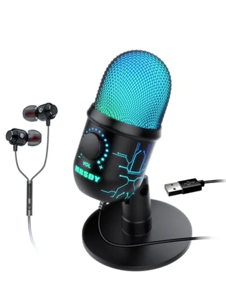 MRSDY Gaming Microphone, USB Computer Microphone for PC, Mac, PS4/5, Condenser Podcast Mic for Studio Recording, YouTube, Streaming, with Headphone Jack, Led Light, Mute, Gain, Noise Cancellation - V5-PH