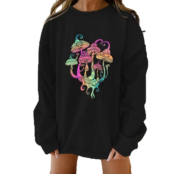 Women Tops Long Sleeve O Neck Casual Loose Pullover Sweatshirt Cute Mushrooms Graphic Shirt Baggy Blouse Y2K Streetwear