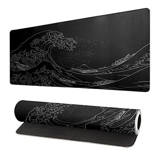 Japanese Sea Wave Large Mouse Pad, Anime Black Gaming Mouse Pad Extended Kanagawa Mouse Mat Desk Pad, 3mm Thick Long Non-Slip Rubber Base Mice Pad, 31.5 X 11.8 Inch - Black Wave of Kanagawa