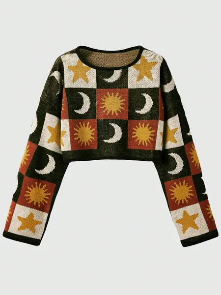 ROMWE Hippie Plus Size Women's Sun And Moon Pattern Round Neck Sweater