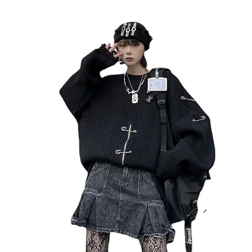 Gothic Harajuku Knit Oversized Sweaters Women Pullovers Zipper Streetwear Goth Punk Knitted Top Fairy Grunge Clothes - One Size - Black