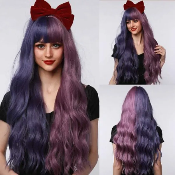Esmee 28 Inches Long Wavy Mixt Purple Blue/Ombre Pink Synthetic Wigs For Women With Bangs Fluffy Air Bangs Light Hair