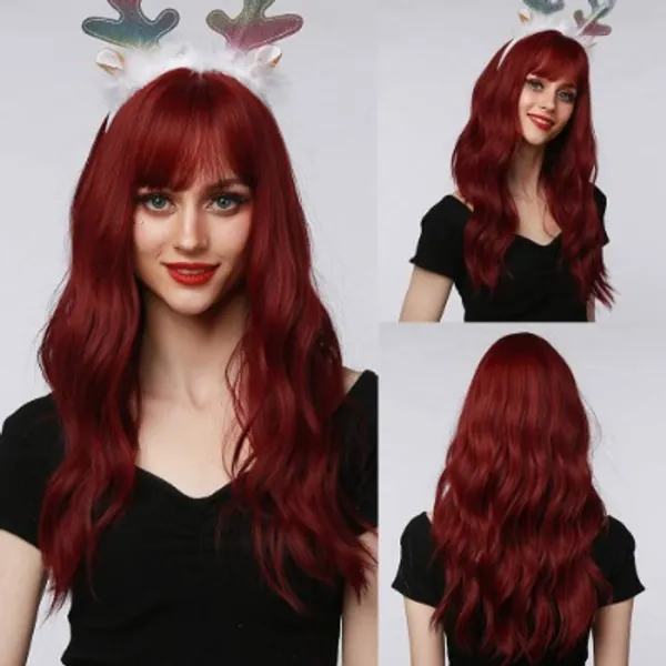 Esmee 20 Inches Wine Red Wig with Bangs for Women Synthetic Heat Resistant Fiber Natural Long Wave Wigs for Daily Party Cosplay Wear