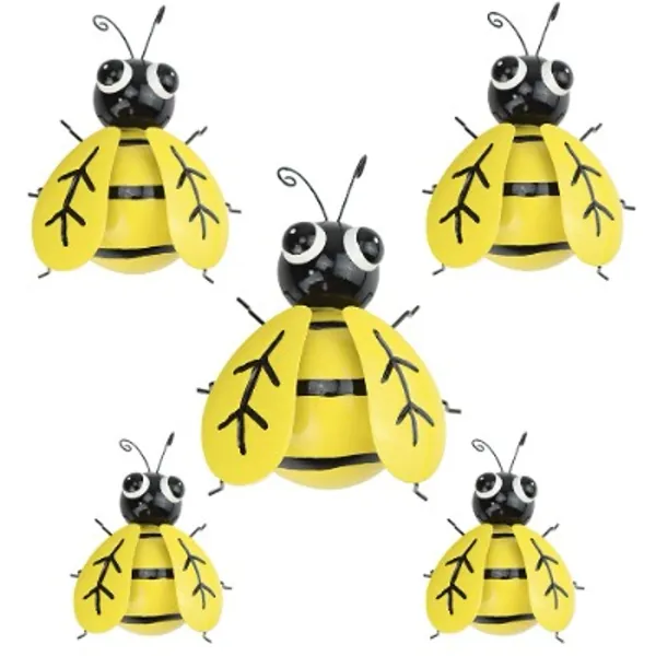 GUIFIER 5 Pieces Metal Bees Outdoor Decor Metal Wall Art Bumble Bee Decorations, 3D Iron Bee Wall Sculpture, Metal Garden Ornaments Hanging Wall Decor for Indoor, Outdoor, Fence, Garden, Yard, Lawn