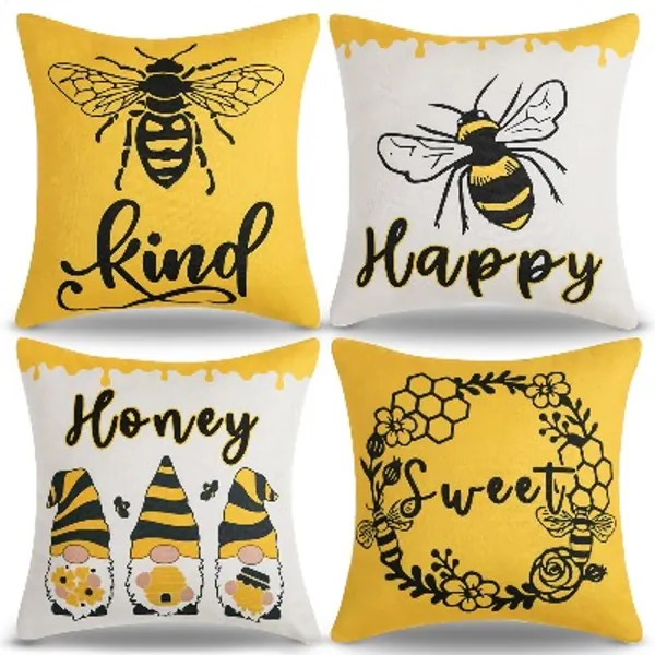 AkcentPillo Honey bee Cushion Covers 18X18 Abstract Cushion Cover Floral Printed Throw Pillow Covers Yellow Cushions Covers Square Pillowcase Decorative Pillow Covers for Garden, Outdoor, Set of 4