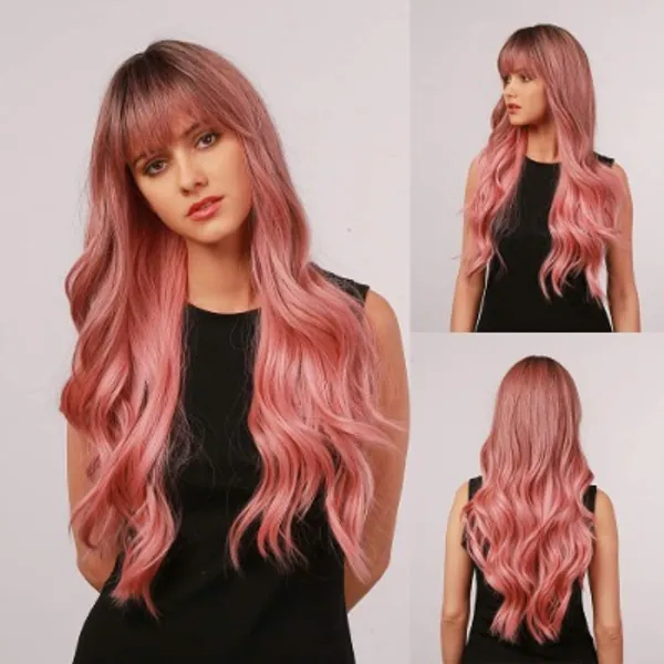 Esmee 24"Women Synthetic Wigs Natural Long Wavy Ombre Pink with Dark Roots＆Fluffy Air Bangs Light Cosplay Party Wigs