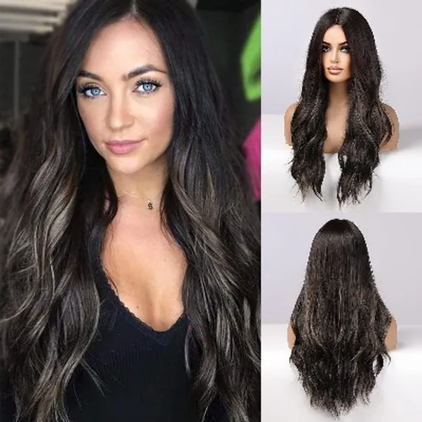 EMMOR Long Black Wig for Women - Natural Synthetic Hair highlight Middle Part Curly Wigs, Party Cosplay Daily Use (2pcs Free Wig Cap)