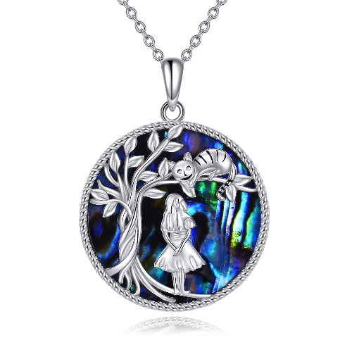 Alice In Pendant Necklace Sterling Silver Tree of Life Wonderland Cat Necklace Gifts for Women Jewelry