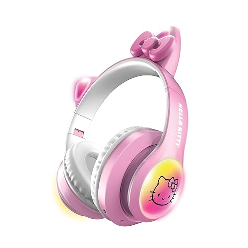 Hello Kitty Wireless Bluetooth Light-Up Headphones with Built-in Microphone, Foldable Design, Adjustable Headband, 8 Hours Playtime, LED Kitty Earcups, for Kids & Adults (Pink) - Light Pink