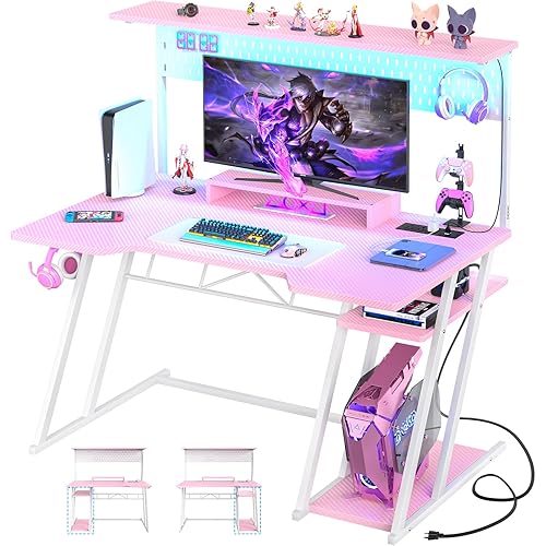 Gaming Computer Desk with Power Outlets, Gaming Desk with Hutch and LED Lights, Reversible PC Gaming Desk with Pegboard, Carbon Fiber Pink, 47" - Carbon Fiber Pink - 47 inch