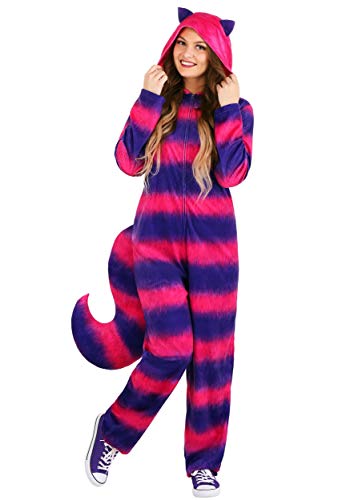 Adult Cheshire Cat One-Piece Womens, Mysterious Grinning Cat Halloween Costume, Purple and Pink Animal Bodysuit - Medium