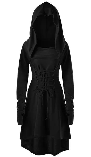 Womens Renaissance Costumes Hooded Robe Lace Up Vintage Pullover High Low Long Hoodie Dress