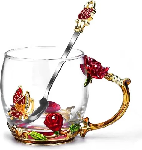 Juego de Taza de té y Taza de Café de Vidrio con Cuchara - Hermosa Flor Mariposa Rosa Taza, Regalo perfecto(Rojo Corta)