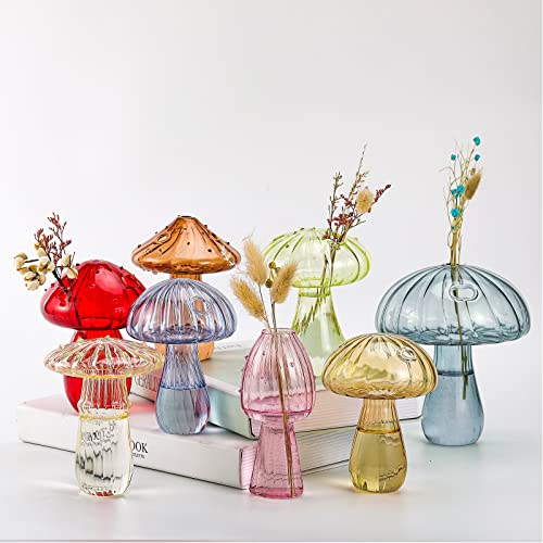 Cunno 8 Pcs Mushroom Vase Mushroom Shaped Bud Glass Vase Colored Transparent Hydroponic Plant Vase Terrarium Vase Flower Pot for Home Office Desktop Decor (Small Holes) - Small Hole