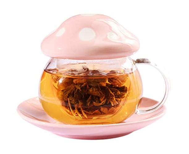 Mozacona Glass Mushroom Shape Teacup Saucer Set Coffee Mug with Filter Cup - Pink