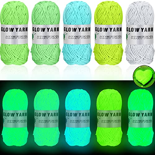 5 Rolls Glow in The Dark Yarn Luminous Crochet Yarn for Halloween Crocheting DIY Knitting Glow Fingering Weight Yarn for Arts Crafts Sewing Thread Party Supplies, 54.7 yd Per Roll (Classic Color) - Classic Color