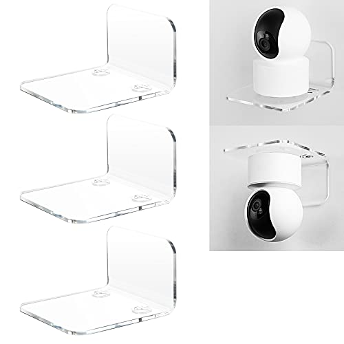 OAPRIRE Acrylic Floating Wall Shelves Set of 3 for Security Cameras, Baby Monitors, Speakers - Universal Small Wall Shelf with Cable Clips, 10-Piece Strong Tapes, No Drill (Clear) - Clear