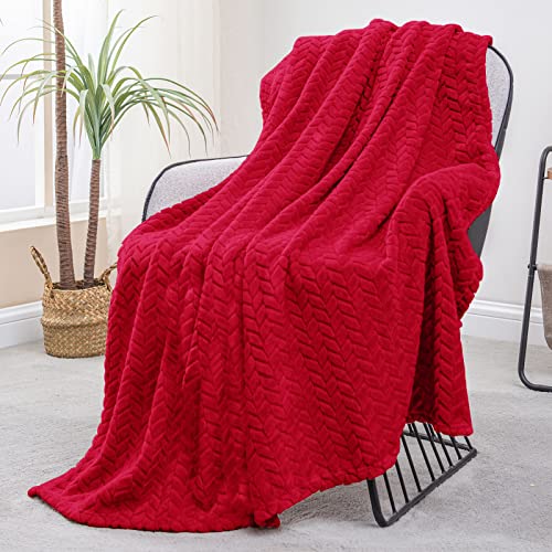 Exclusivo Mezcla Large Flannel Fleece Throw Blanket, 50x70 Inches Soft Jacquard Weave Leaves Pattern Blanket for Couch, Cozy, Warm, Lightweight and Decorative Red Blanket - Red - Throw ( 50x70 IN )