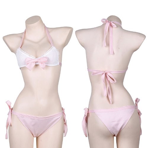 Tie Side Plaid V Neck Bikini Suit Halter Kawaii Lace Bow Bandage Bra Set Backless Sweet Pink Lingerie Anime Cosplay Swimsuit