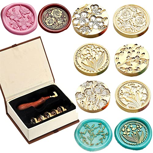 JUPPE 6pcs Flower Wax Seal Stamp Set, Cherry Blossom Rose Bell Orchid Branches Tulip Various Flowers Sealing Wax Stamp Wedding Invitation Birthday Party Sealing Stamp (Flower-7) - Flower-7