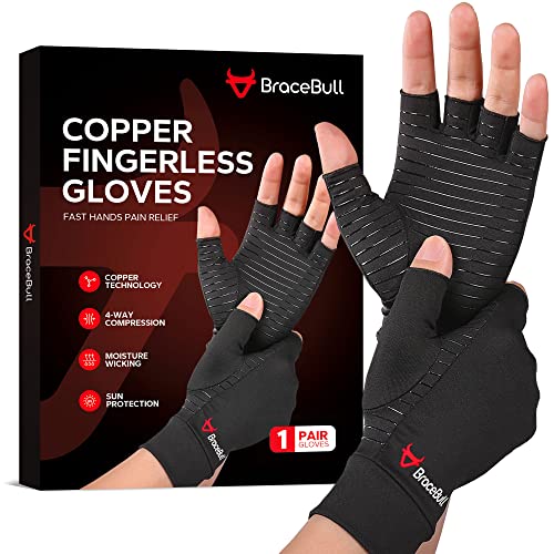 BraceBull Fingerless Compression Gloves (1 Pair), Copper Infused Arthritis Gloves for Women for Pain, Carpal Tunnel, RSI, Rheumatoid, Tendonitis, and Relieve Hand Pain for Women & Men (L, Black) - Large