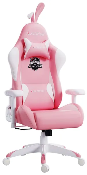 AutoFull Silla Gaming Escritorio Oficina Gamer Ergonomica con Cojín Reposabrazos Ajustables Soporte Lumbar, Orejas de Conejo, Rosa