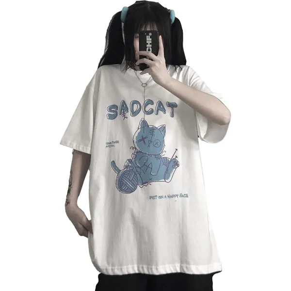 Camiseta gótica para Mujer, gráfico de Verano, Harajuku, Estampado de Oso de Gato Espeluznante, Novedad, Camisetas de Manga Corta