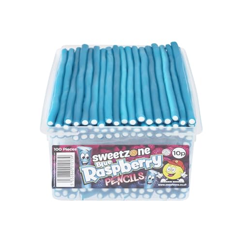 Sweetzone Blue Raspberry Pencils Sweets Tub, Pencil Sweets, 100 pc, Halal Sweets, American Gum, British Sweets, Licorice Sweet, Liquorice, Irresistible for Candy Lovers - Blue Raspberries