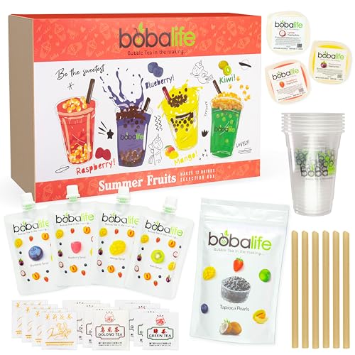 Bubble Tea Kit Gift Box - Summerfruit Selection Makes 12 Drinks | Flavoured Syrups Mango, Raspberry, Kiwi, Blueberry | Suitable for Vegans | By Bobalife - Summer Fruits