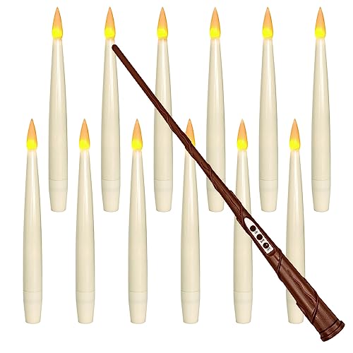 Leejec Floating Candles with Magic Wand Remote (6/18H Timer), Christmas Decorations, 12pcs 6.1” Hanging Flameless Taper Candles, Flickering Warm Light, Decor for Halloween, Wedding, Theme Party（ivory） - Timer 6.1" ivory 12pcs
