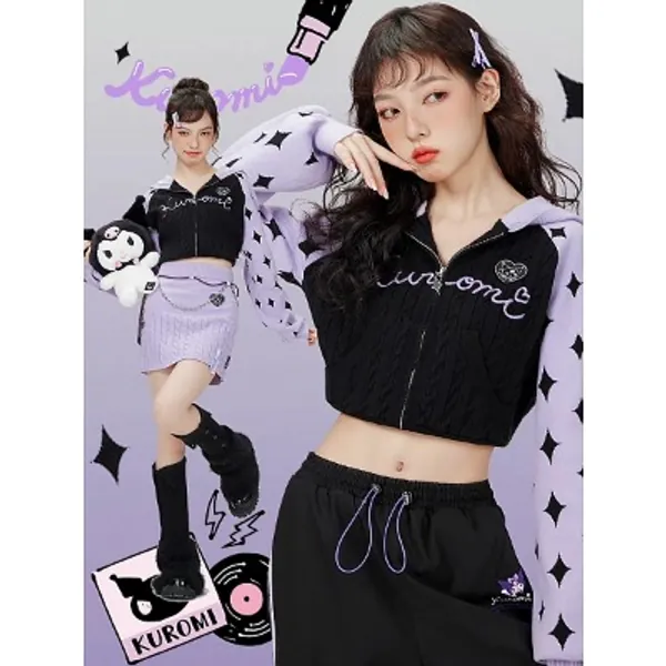 [$49.00]Sanrio Authorized Kuromi Cropped Hooded Knit Outerwear