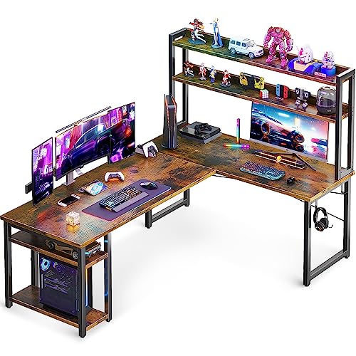 ODK L Shaped Gaming Desk with Hutch, Computer Desk with Storage Shelves, 66" L Shaped Desk for Home Office, Corner Desk with Headphone Hook, Vintage - Vintage - 66 Inch