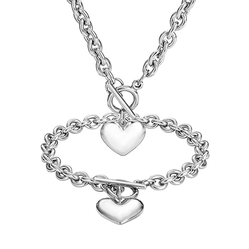 W/W Lifetime Heart Chain Necklace + Heart Bracelet for Women Girls Hearts Pendant Toggle Charm Jewelry Set Stainless Steel 18K Gold/Rose Gold Silver - Silver