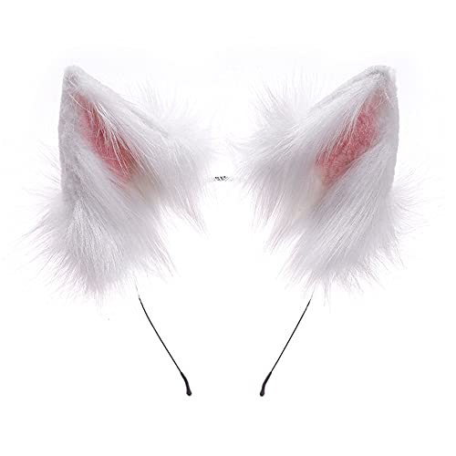 HAOAN Handmade Wolf Cat Fox Fur Furry Ears Headwear Party Cosplay Halloween Costume - 1-white