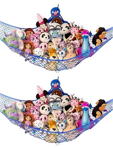 Lilly's Love Stuffed Animal Net Hammock for Plushie Toys - Large 2 Pack | Corner Hanging Storage for Organizing your Teddy and Stuffy Collection | Easy to Hang w/Included Anchors & Hooks (Sky Blue) - Sky Blue - Large