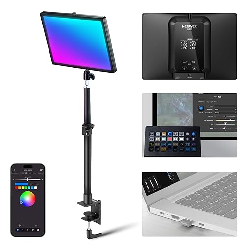 NEEWER GL25C LED RGB Streaming Key Light, APP/PC Control 25W 2500Lux/0.5m 2900K-7000K CRI95+/TLCI97+ Full RGB Dimmable Edge Emitting Silent Webcam Video Light with Desk Stand - RGB