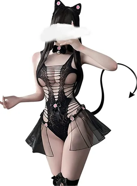 Women's Lingerie Set Japanese Anime Costume Outfit Cosplay Sexy Cute Plush Cat Tail Girl Sexy Bra and Panty Sets - Black One Size