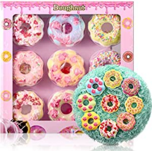 9 Pieces Bath Bomb Set Donuts Bath Balls for Gift Rich in Essential Oils, Bubble Bath Bombs Bath Salt Balls to Motivate Dry Skin for Bubbles, Spa, Birthdays, Anniversaries, Valentine's Day and More