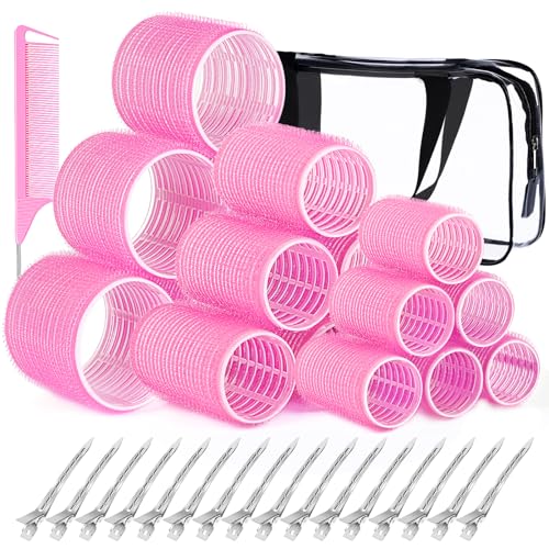 42pcs Hair Rollers Set, IKOCO Rollers Hair Curlers 24Pcs Heatless Curlers for Long Short Hair Bangs with 16Pcs Roller Clips, Clear Toiletry Bag and Rat Tail Comb (Pink) - Pink