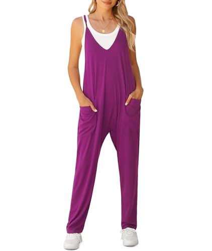 LILBETTER Women's Loose Casual V Neck Sleeveless Jumpsuits Adjustable Spaghetti Straps Long Pants Overalls With Pockets - X-Large - Purple