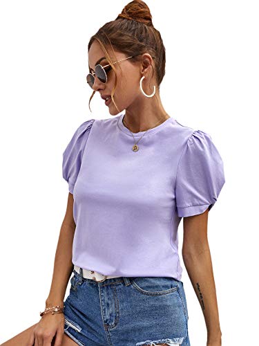 SweatyRocks Women's Summer Short Puff Sleeve Tee Top Round Neck T-Shirt - X-Large - Purple