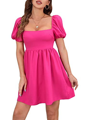 WDIRARA Women's Square Neck Puff Short Sleeve Backless Ruffle Hem A Line Dress - X-Large - Hot Pink