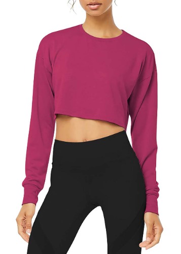 Bestisun Long Sleeve Crop Top Cropped Sweatshirt for Women with Thumb Hole - X-Large - Fuchsia