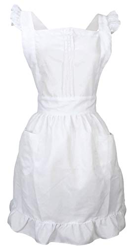LilMents Retro Adjustable Ruffle Apron with Pockets, Small to Plus Size Ladies - White