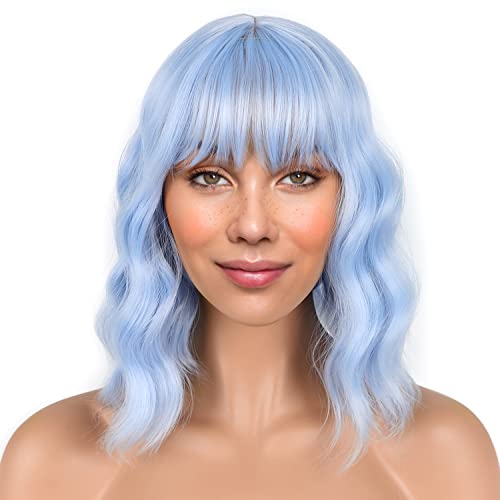 LANICE Light blue Short Bob Wigs with Bangs for Women Loose Wavy Hair Shoulder Length Wigs Synthetic Colorful Wigs for Cosplay Daily PartyUse(Light blue，12inch) - Blue
